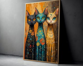Whimsical Trio Cats Canvas Wall Art, Colorful Floral Pattern Cats, Modern Animal Wall Decor, Vibrant Home Decoration, Ready to Hang Canvas