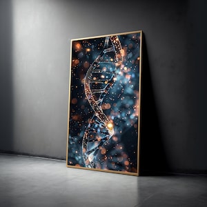 May include: A framed artwork featuring a glowing DNA double helix against a dark blue and orange bokeh background. The gold frame complements the warm tones of the artwork, creating a striking visual effect. The artwork leans against a gray wall.