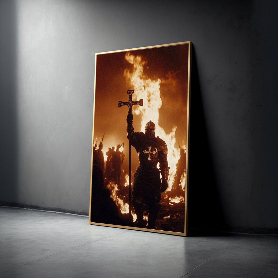 Medieval Knight With Cross Armor Canvas, Fiery Background Wall Art ...