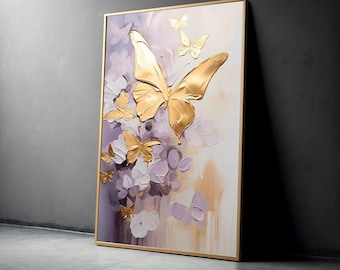 Lienzo decorativo de mariposa dorada, pintura floral abstracta, decoración con efecto natural, lienzo con detalles metálicos, elegante decoración del hogar.