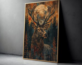 Majestic Stag and Moon Canvas Print, Rustic Woodland Decor