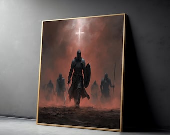 Mittelalterliche Ritter Leinwand Wandkunst, Kreuzritter Rüstung Gemälde, Gothic Krieger Leinwand, Fantasy Kampfszene, Religiöses Kreuz Kunstwerk, Krieger