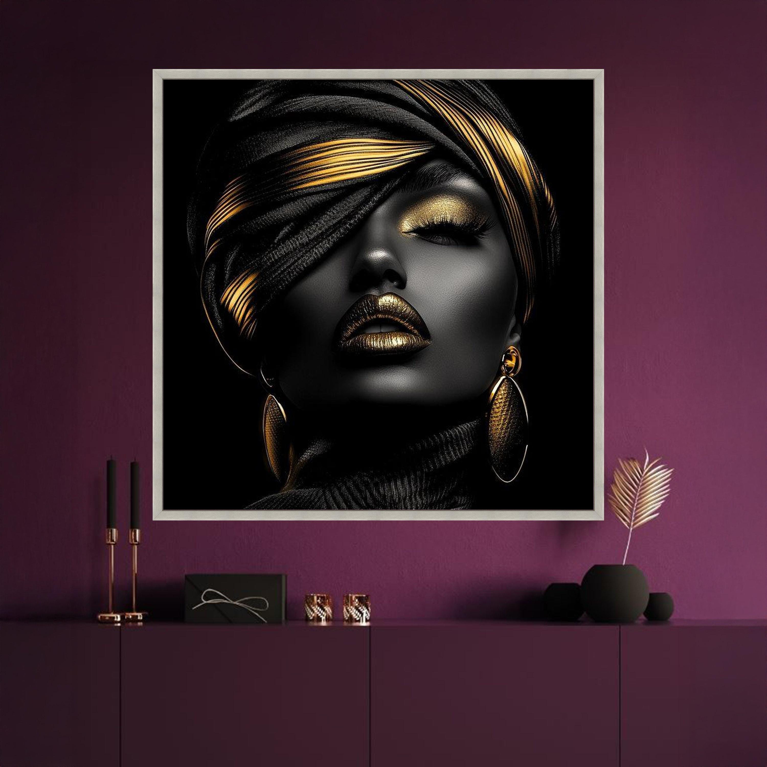 Glamorous Black and Gold Portrait Canvas, Elegant Woman Wall Art ...