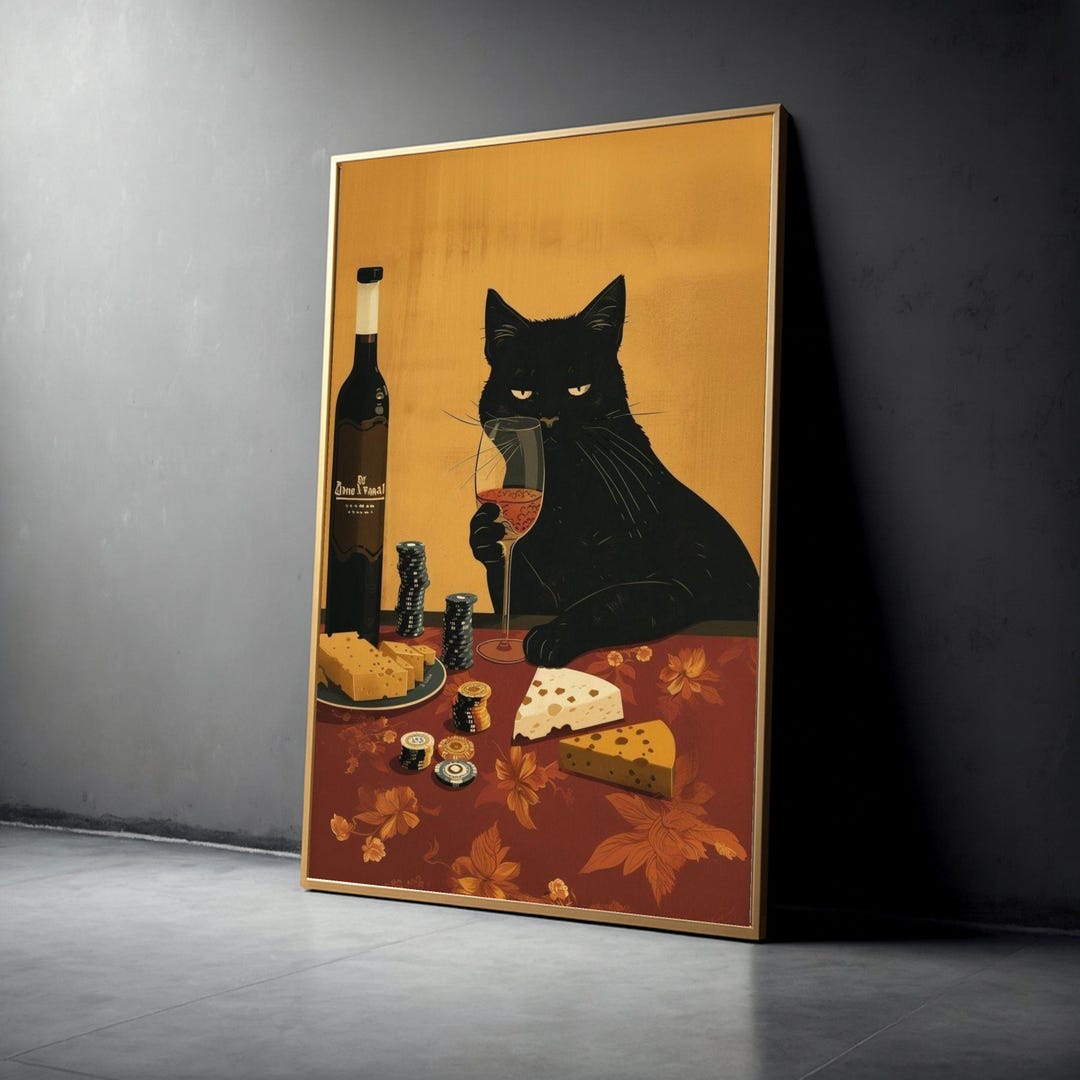 Sophisticated Black Cat With Wine Glass Canvas, Wine and Cheese Still ...