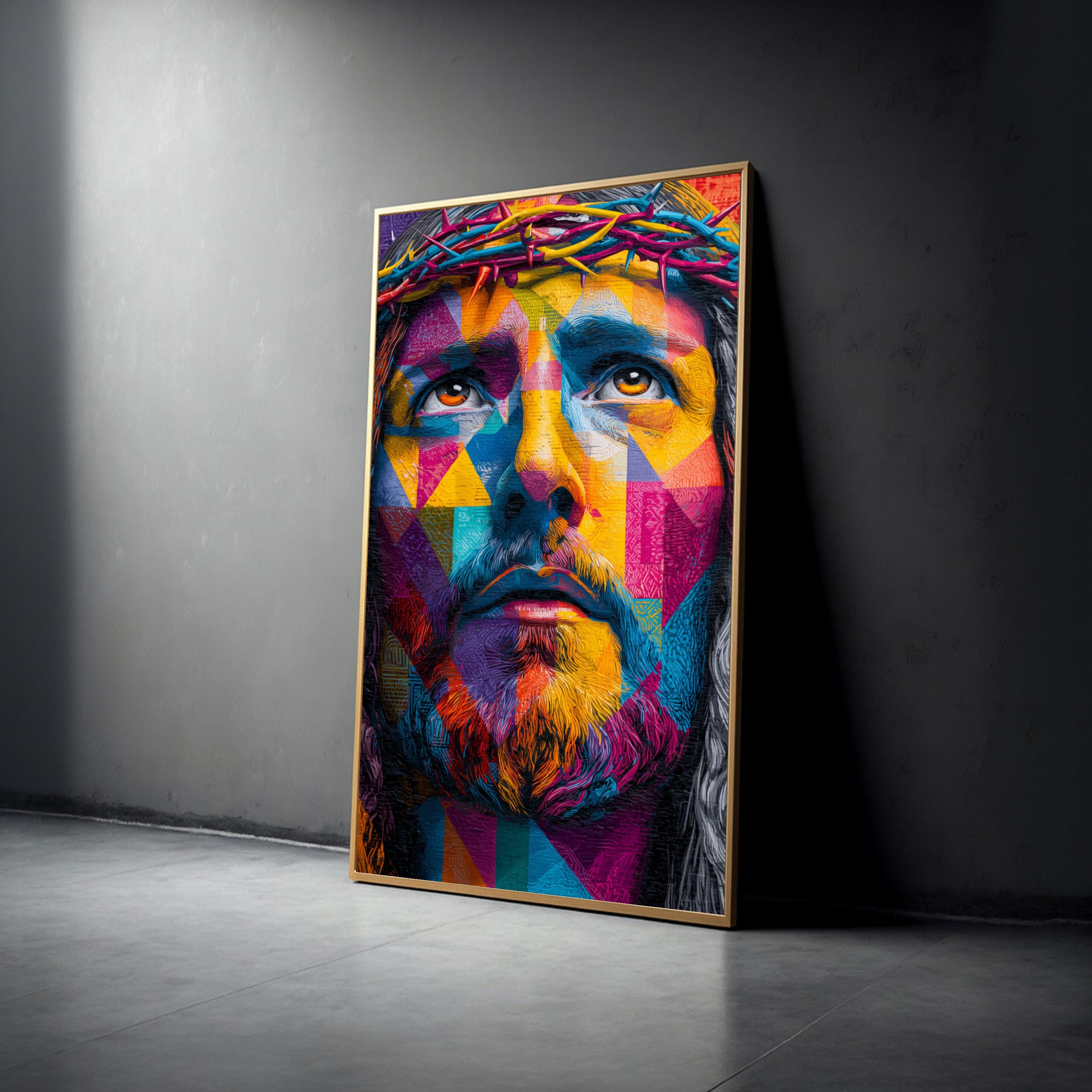 Vibrant Colorful Jesus Portrait, Crown of Thorns Canvas Wall Art ...