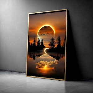 Può includere: Una stampa artistica incorniciata raffigura un paesaggio surreale con un'eclissi celeste sopra un lago. L'opera presenta una cornice dorata, un cielo arancione e giallo vibrante e la silhouette degli alberi. L'acqua riflette il cielo e le nuvole.
