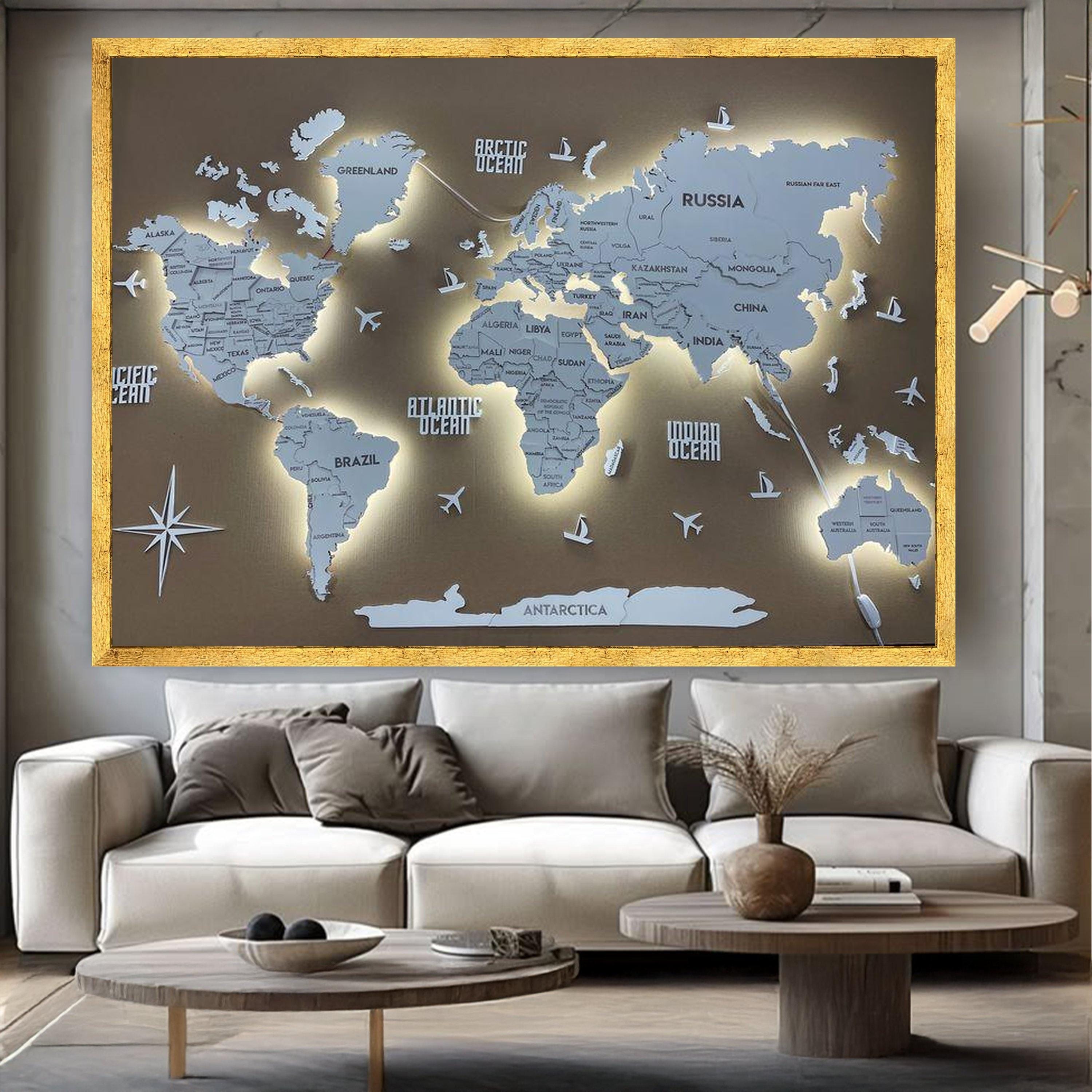 Map Backlit Graphic Illuminated World Map Canvas Wall Art, Modern Globe Design, Educational ...
