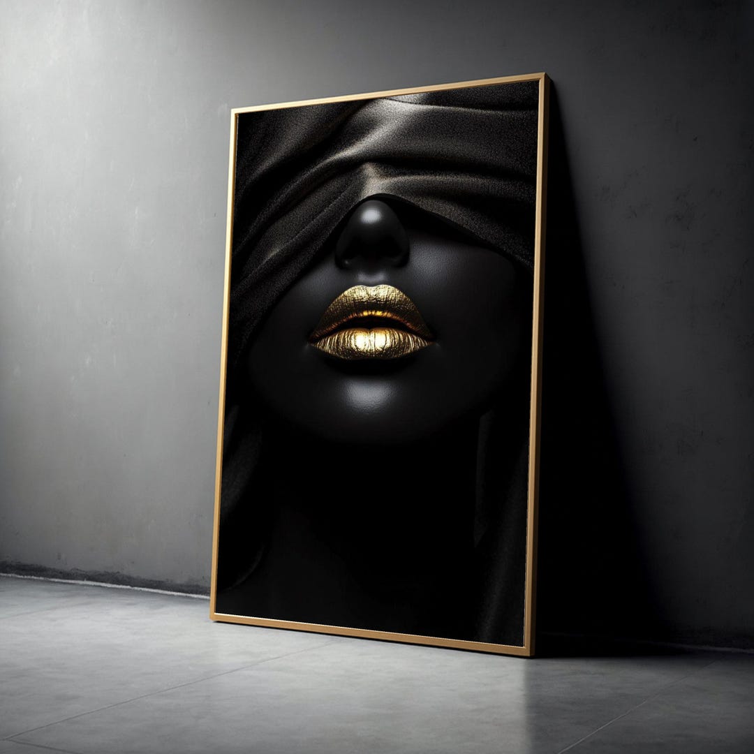 Abstract Black and Gold Lips Canvas Wall Art, Glamorous Modern Face ...