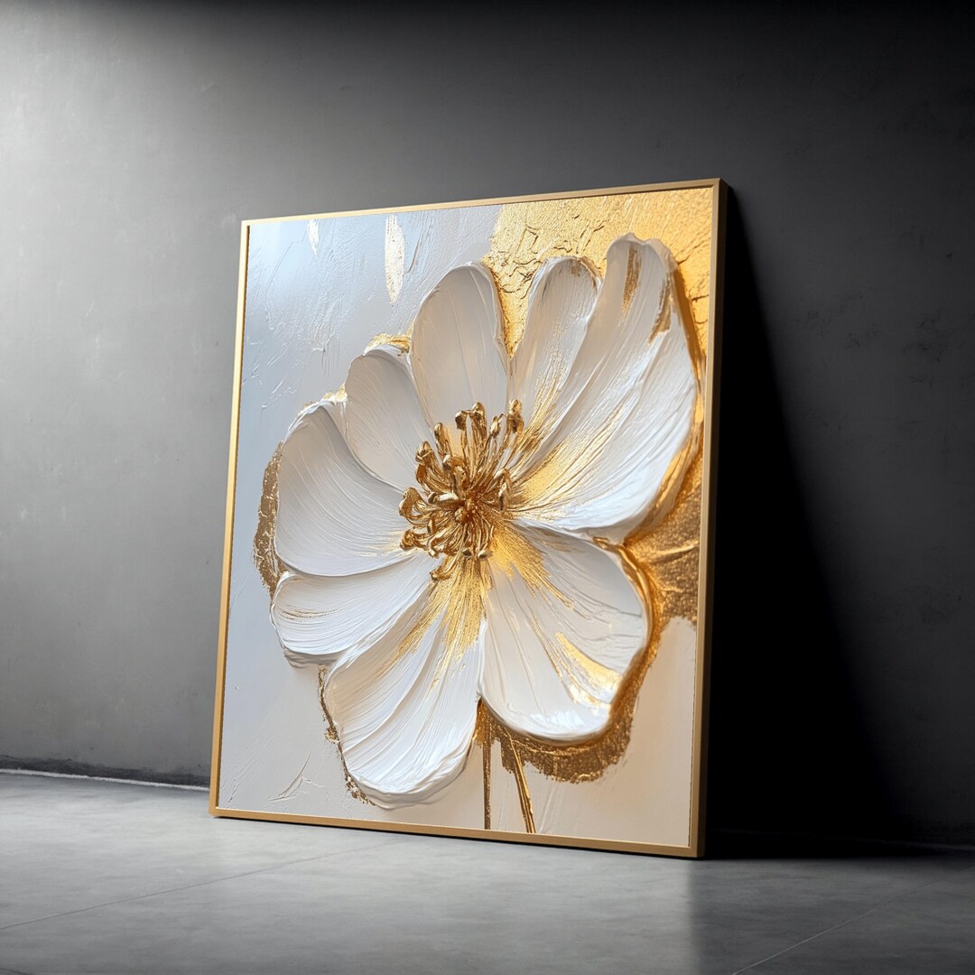 Elegant White and Gold Floral Canvas Wall Art,flower Painting, Luxury ...