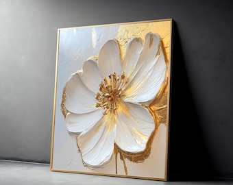 白と金の花の絵画、モダンな植物キャンバス、すぐに掛けられる - Etsy 日本
