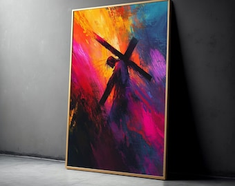 Abstract Jesus Carrying Cross Canvas, Religious Wall Art, Spiritual Christian Canvas, Vibrant Colorful Painting, Inspirational Home