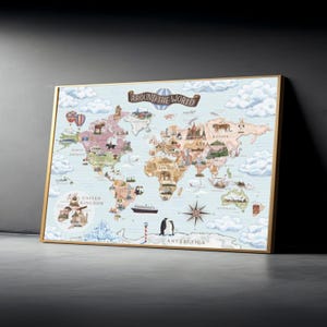 May include: A framed world map illustration with a gold frame. The map features a light blue background with illustrations of landmarks, animals, and modes of transportation. The text "AROUND THE WORLD" is at the top. The map is leaning against a dark gray wall.