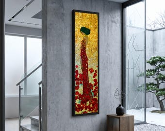 May include: A vertical rectangular framed wall art piece featuring a stylized figure in a long, textured red gown standing amidst a field of red poppies against a shimmering gold background, displayed on a gray concrete wall in a modern interior.