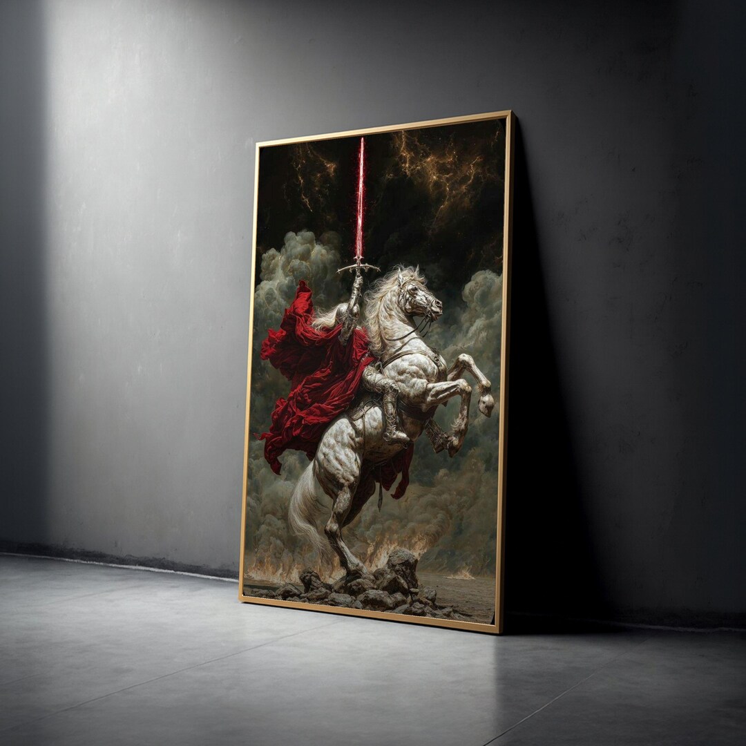 Epic Knight on White Horse Canvas, Medieval Warrior Art, Red Cloak ...