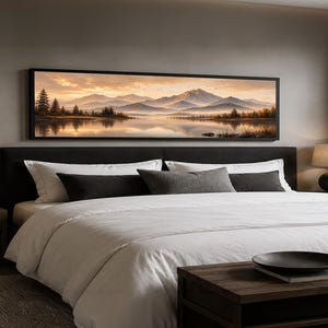 Mountain Lake Canvas Print, Golden Sunset Landscape Wall Art, Pine Forest Reflection, Misty Peaks Panorama, Rustic Cabin Decor