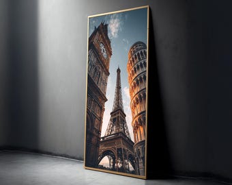 Iconic European Landmarks Canvas, Eiffel Tower, Big Ben, Leaning Tower of Pisa, Travel Wall Art, Architecture Decoration