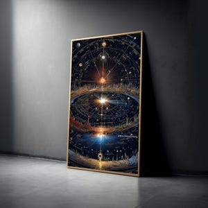 Puede incluir: Una impresión artística enmarcada con un diseño de mapa celestial. La obra de arte muestra una representación detallada del cosmos con líneas intrincadas, cuerpos celestes y una explosión central de luz. La paleta de colores incluye azules profundos, dorados y naranjas.