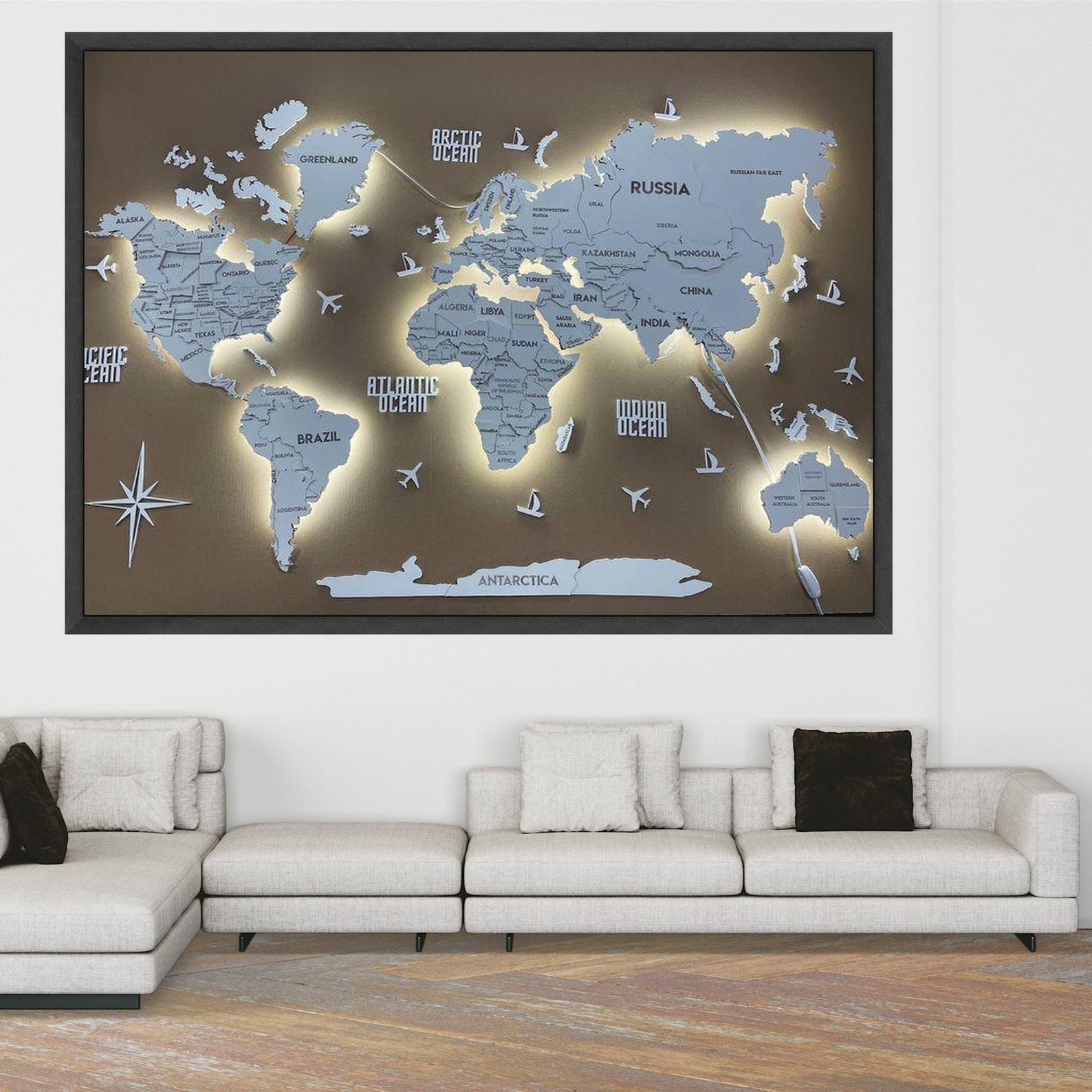 Map Backlit Graphic Illuminated World Map Canvas Wall Art, Modern Globe Design, Educational ...