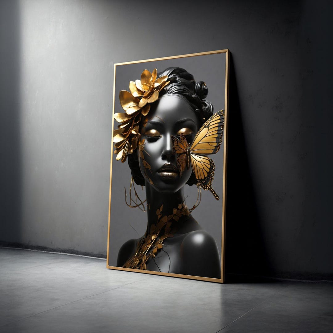 Elegant Black and Gold Woman Portrait Canvas, Modern Butterfly Art ...