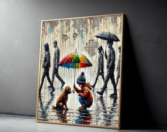 Child and Dog with Colorful Umbrella Canvas, Rain Scene Wall Art, Urban Street Painting, Whimsical Animal and Kid Canvas, Home Decor Ready