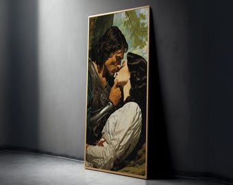 Lienzo romántico medieval de amantes abrazándose, arte vintage de pareja, decoración de pared romántica histórica, pintura de escena de amor íntimo, decoración del hogar