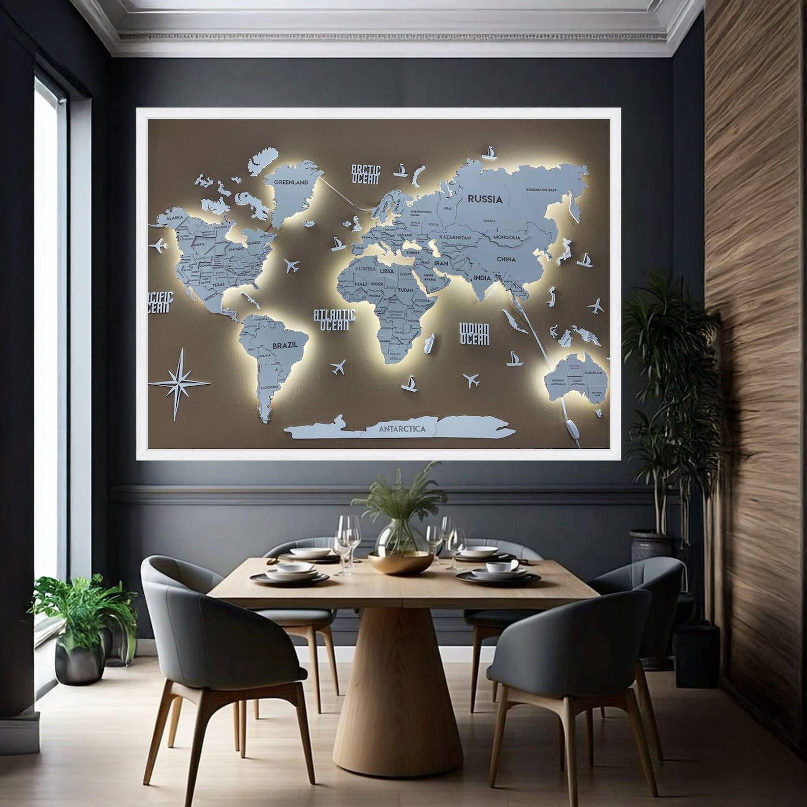 Map Backlit Graphic Illuminated World Map Canvas Wall Art, Modern Globe Design, Educational ...