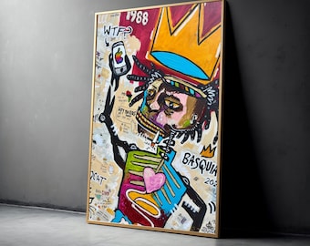 Lienzo de grafiti de estilo vibrante, decoración de pared de arte callejero urbano, lienzo expresionista moderno, pintura de retrato de corona colorida