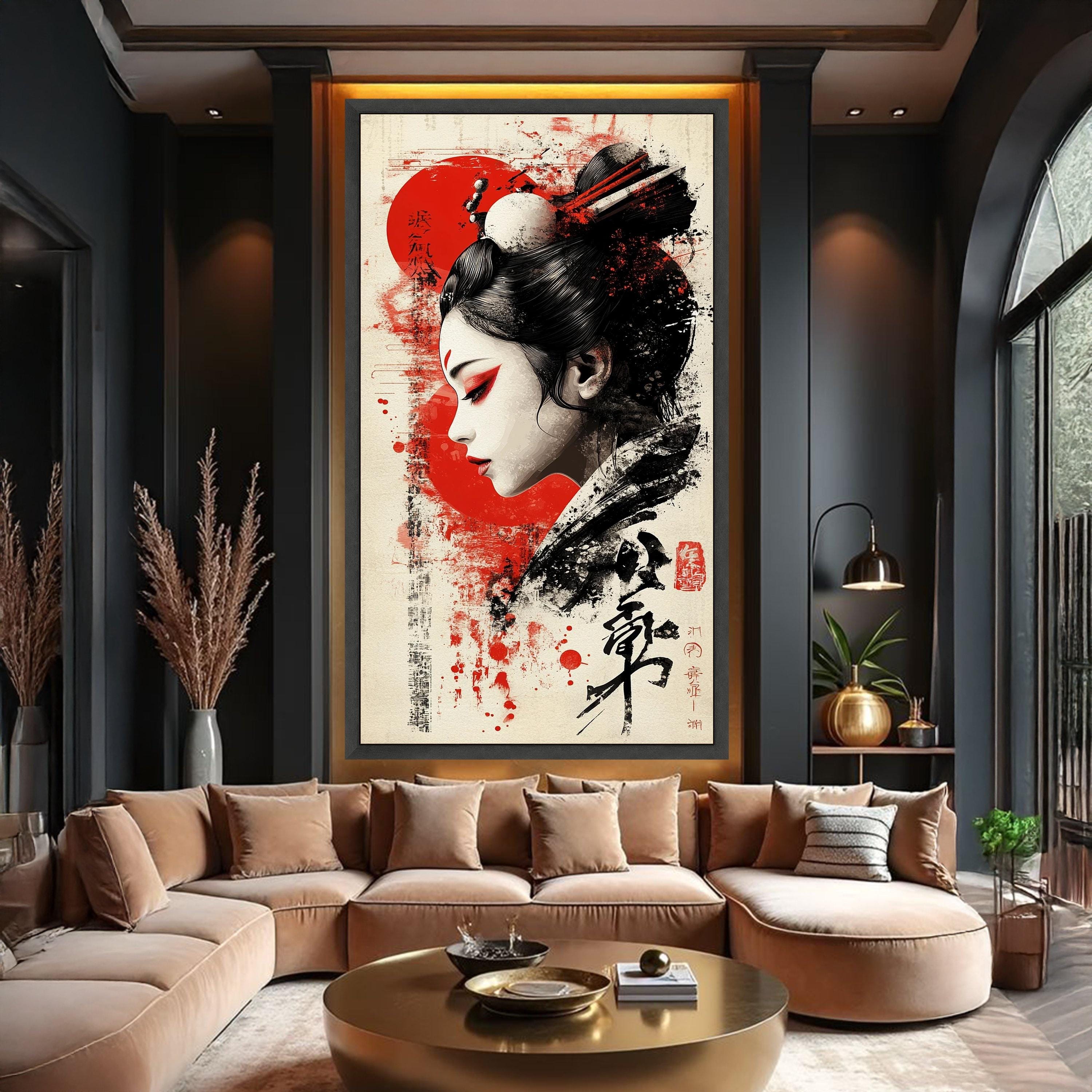 Elegant Geisha Portrait Canvas, Japanese Art Wall Decor, Red and Black ...
