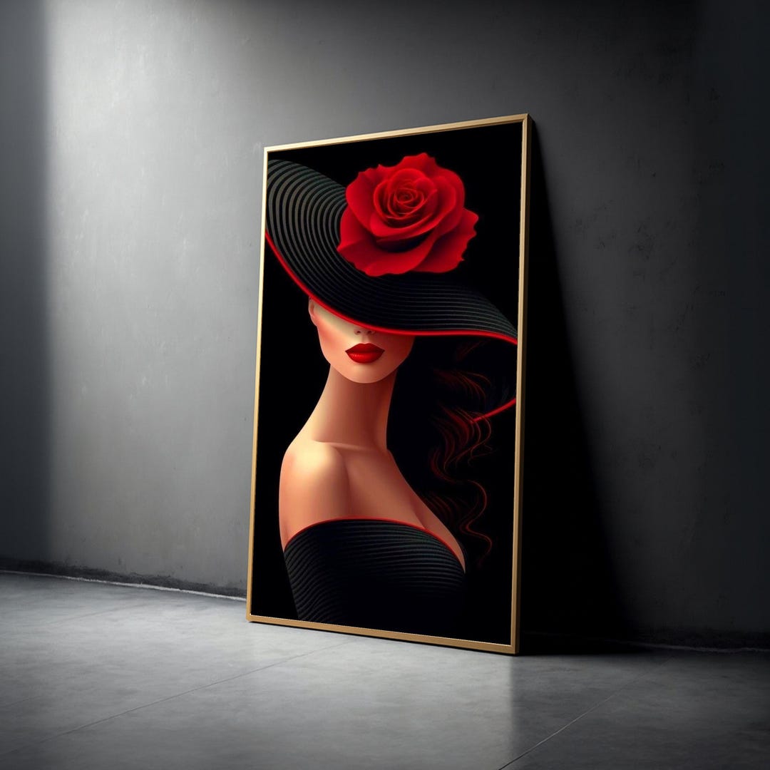 Elegant Woman in Black Hat Canvas, Red Rose Floral Wall Art, Fashion ...
