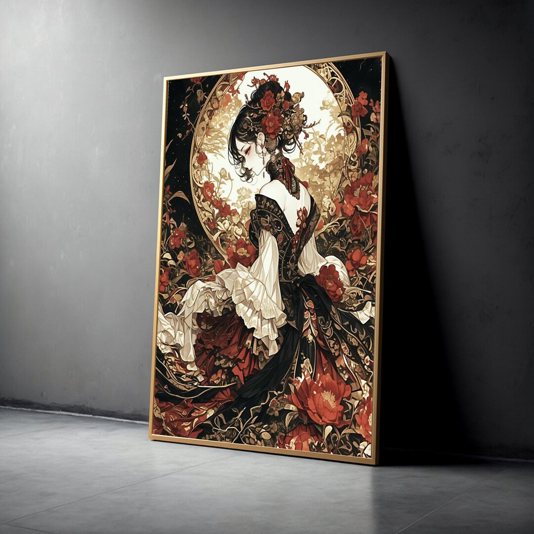 Elegant Victorian Lady Canvas, Floral Red Rose Art, Vintage Style Wall ...