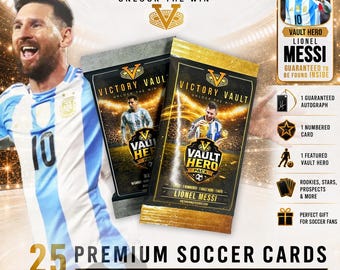 Paquete de Héroes Messi Vault / Lote de 25 Tarjetas de Fútbol / Autógrafo Garantizado + Tarjeta Numerada