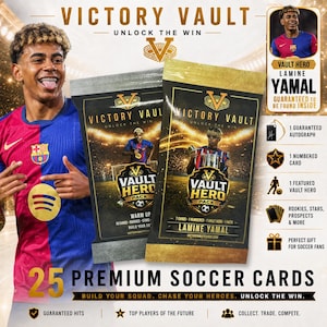 May include: Victory Vault soccer card packs featuring Lamine Yamal. The packaging displays the text Victory Vault Unlock The Win, Vault Hero Pack, and 25 Premium Soccer Cards. Includes a guaranteed autograph, a numbered card, and a featured hero.