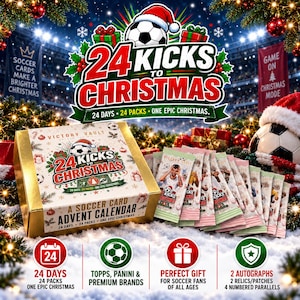 May include: A gold-colored box labeled 24 Kicks to Christmas A Soccer Card Advent Calendar, accompanied by several individual card packs. The packaging features soccer-themed holiday graphics, including a soccer ball wearing a Santa hat.