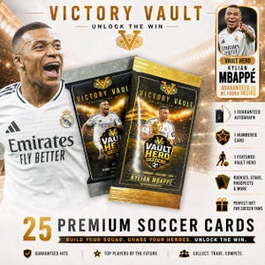 May include: Victory Vault soccer card packs featuring Kylian Mbappé on the packaging. The set includes 25 premium cards with a guaranteed autograph and numbered card. The design displays the text Victory Vault, Unlock the Win, and Vault Hero.