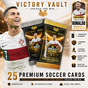 Può includere: Pacchetti di figurine di calcio Victory Vault con Cristiano Ronaldo. La confezione mostra il testo Victory Vault Unlock The Win, Vault Hero e 25 Premium Soccer Cards. Include icone per un autografo garantito, carta numerata ed eroe in evidenza.