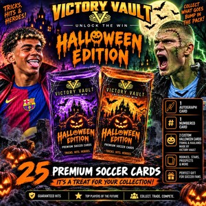 Paquete misterioso de tarjetas de fútbol de Halloween / 25 tarjetas / 1 tarjeta autografiada + 1 tarjeta numerada / 2 tarjetas personalizadas exclusivas de Halloween / Regalo de fútbol