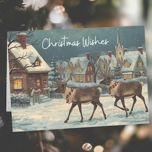 Vintage Reindeer Christmas Card - Snowy Village Holiday Greeting Stationery