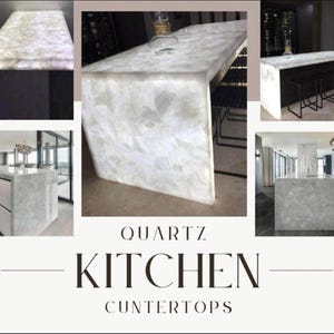 May include: A collage of images showcasing quartz kitchen countertops. The countertops are white with a translucent, crystalline appearance. The text "QUARTZ KITCHEN COUNTERTOPS" is displayed in a bold, elegant font. The images highlight the countertops in various kitchen settings.