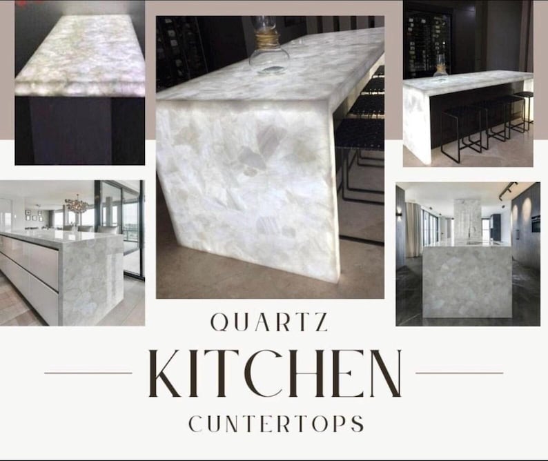 May include: A collage of images showcasing quartz kitchen countertops. The countertops are white with a translucent, crystalline appearance. The text "QUARTZ KITCHEN COUNTERTOPS" is displayed in a bold, elegant font. The images highlight the countertops in various kitchen settings.