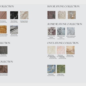 May include: A product catalog showcasing various stone collections, including Premium, House, Supreme, Prime, Onyx, and Classic. Each collection features multiple stone samples with names like White Carrera, Black Marquina, and Green Onyx. The image is on a white background.