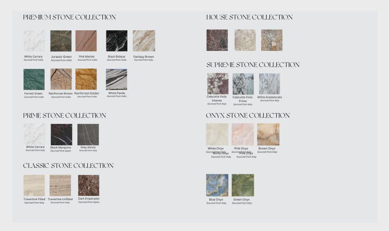 May include: A product catalog showcasing various stone collections, including Premium, House, Supreme, Prime, Onyx, and Classic. Each collection features multiple stone samples with names like White Carrera, Black Marquina, and Green Onyx. The image is on a white background.