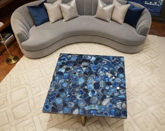 Mesa de centro / Mesa auxiliar de piedras preciosas hecha a mano con ágata azul