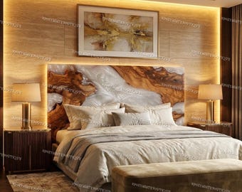 Luxury Epoxy Stone Headboard, Handmade Bed Backboard, Modern Master Bedroom Decor, Unique Resin And Stone Bed Panel, Custom Size Decor