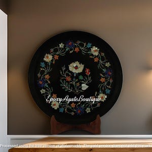 Black Marble Wall Plate: Pietra Dura Floral Inlay, Mother of Pearl