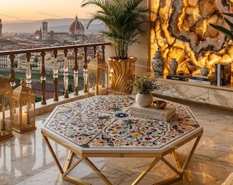 Tavolino ottagonale con intarsi in marmo, piano in pietra dura floreale, lussuoso, fatto a mano, con mobili in pietra semipreziosa, tavolino laterale in marmo bianco