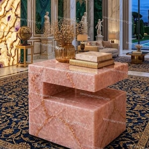 Mesita auxiliar con pedestal de ónix rosa, mesa auxiliar de mármol natural de lujo, mesa auxiliar moderna hecha a mano, muebles de piedra únicos, decoración de cristal rosa