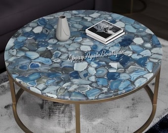 Handmade Blue Agate Coffee Table – Round Gemstone Centerpiece