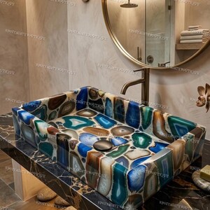 Multi-Color Agate Slice Rectangular Vessel Sink: Handmade Geode Vanity Basin
