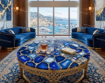 Handcrafted Blue Agate Round Coffee Table – Luxury Geode Home Decor
