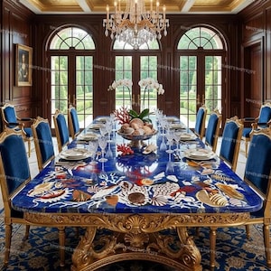 May include: A luxurious dining room featuring a long, ornate table with a vibrant blue surface adorned with marine life designs. Gold-framed chairs with blue velvet seats surround the table. A crystal chandelier hangs above, illuminating the room.